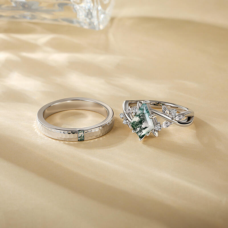 Jeulia Nature Inspired Moss Agate Couple Rings Set