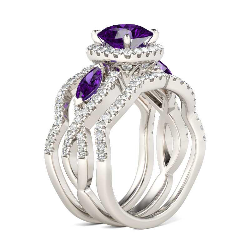 Jeulia Halo Three Stone Cushion Cut Sterling Silver 3PC Ring Set