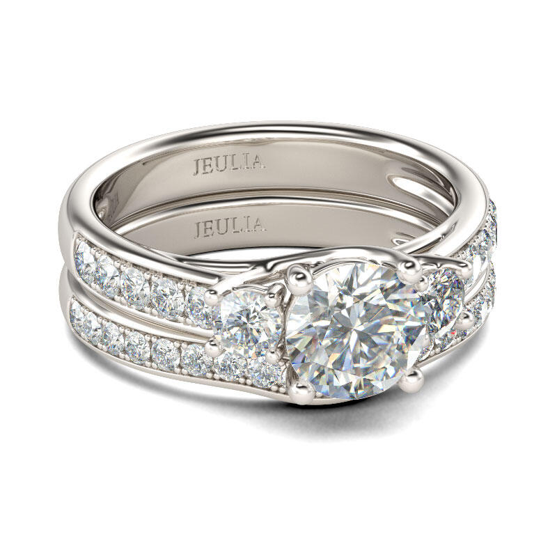 Jeulia Three Stone Round Cut Sterling Silver Ring Set