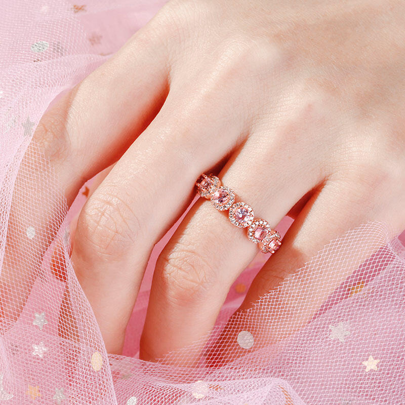 Jeulia Halo Round Cut Synthetic Morganite Sterling Silver Women's Band