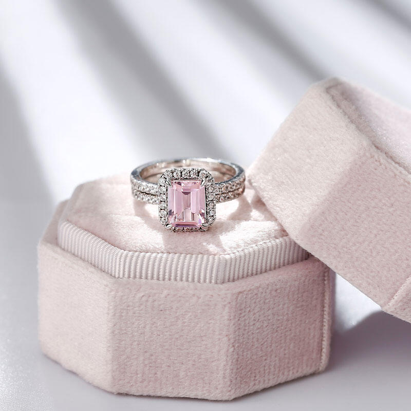 Jeulia Halo Emerald Cut Synthetic Morganite Sterling Silver Ring Set