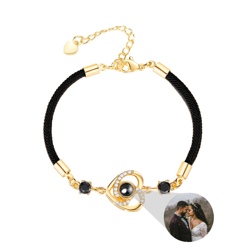 ハート 投影 写真 写真入れ 紐 ブレスレット 編み込む ブラック
