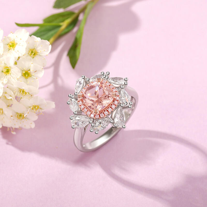 Jeulia Anillo de Cóctel Bicolor con Flor y Halo de Morganita en Plata de Ley