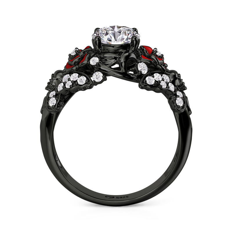 Jeulia Rose and Butterfly Black Skull Ring Sterling Silver