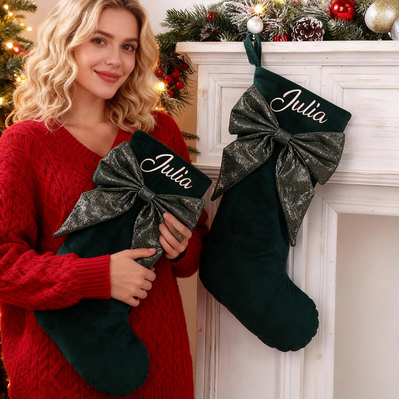 Personalized Christmas Socks with Embroidered Name and Bow Gift for Family