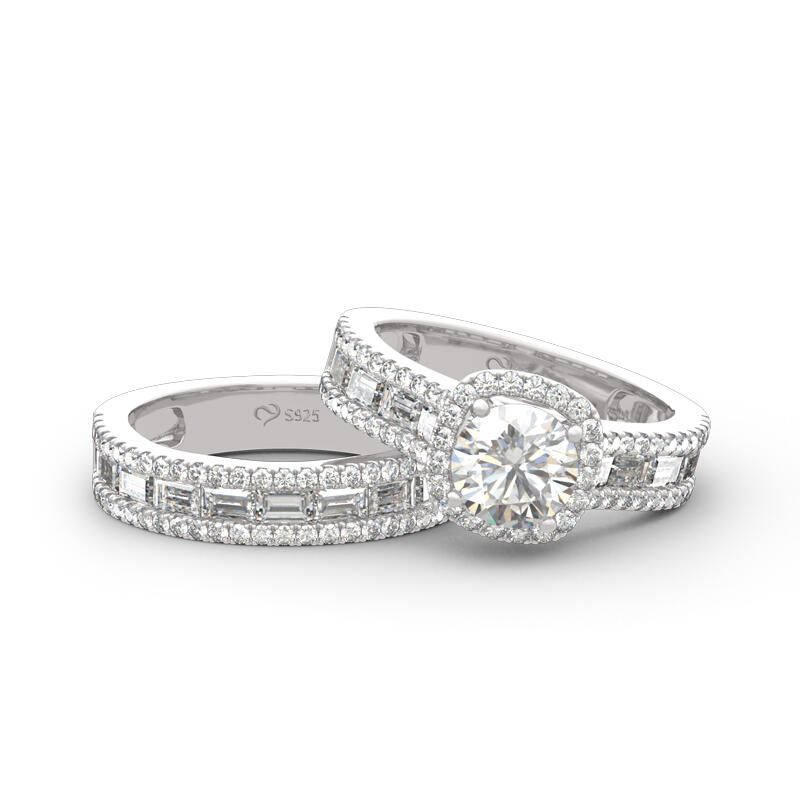 Jeulia Halo Round Cut Sterling Silver Ring Set