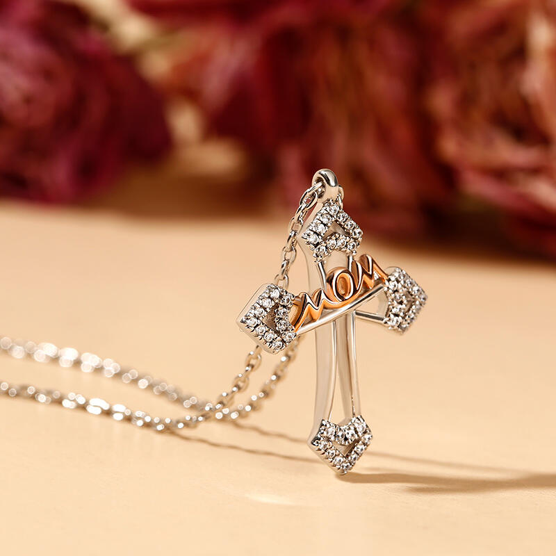 Jeulia "Mom Bless You" Mom Cross Sterling Silver Necklace