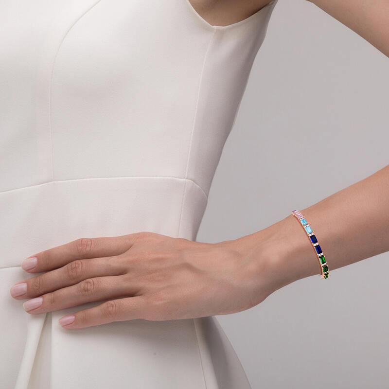 Jeulia Rainbow Emerald Cut Sterling Silver Tennis Bracelet