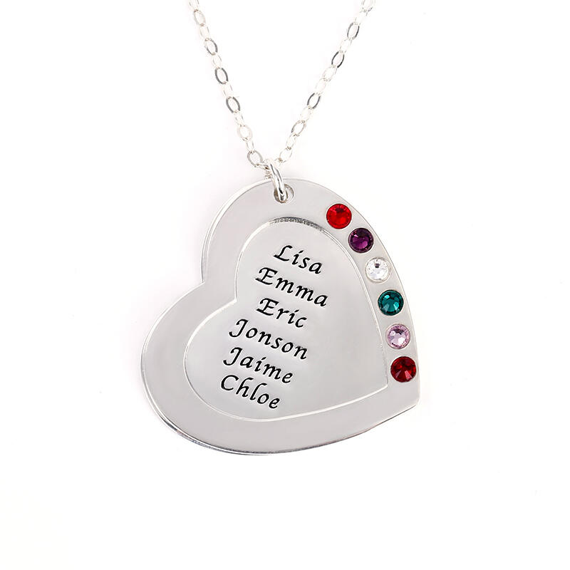 Jeulia Heart Shape Family Necklace with Birthstones Sterling Silver