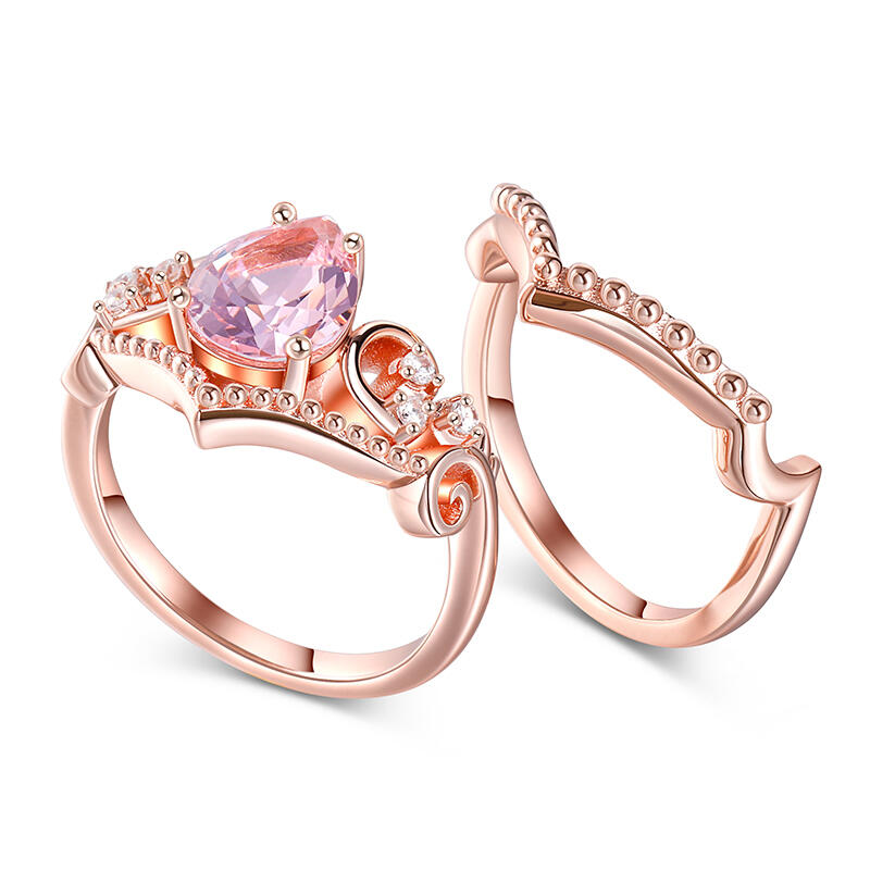 Jeulia V-shaped Pear Cut Synthetic Morganite Sterling Silver Ring Set