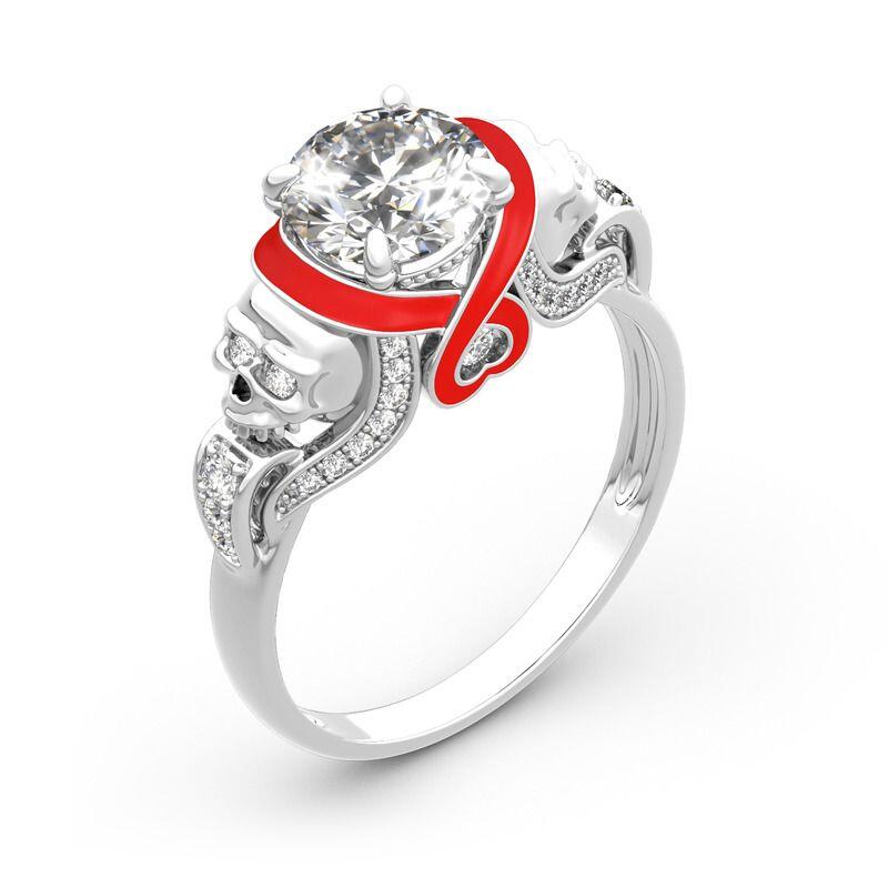 Jeulia Round Cut Heart Design Enamel Two Skull Sterling Silver Ring