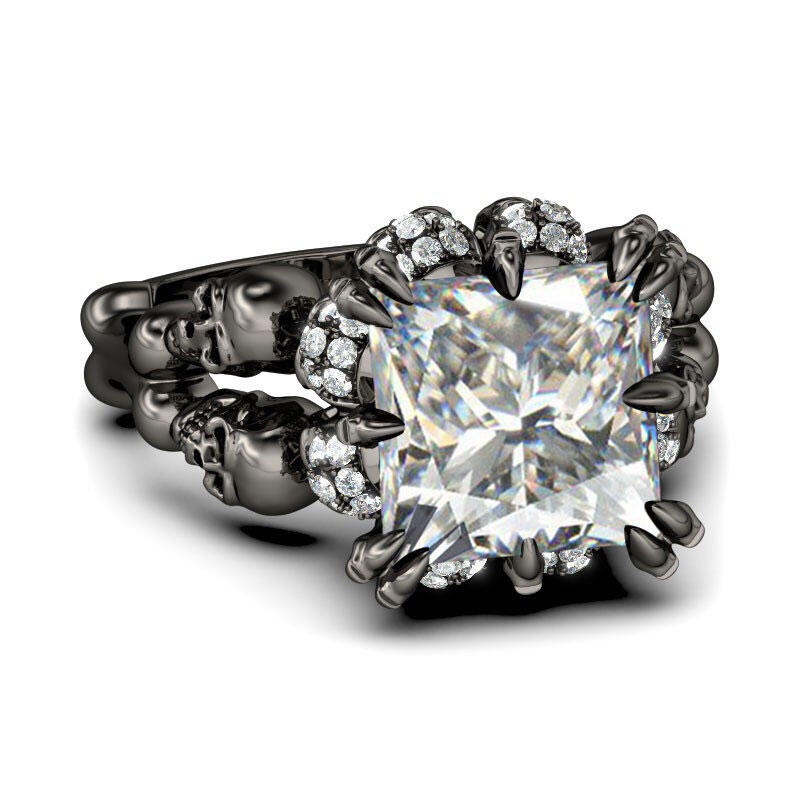 Jeulia  Black Tone Princess Cut Sterling Silver Skull Ring