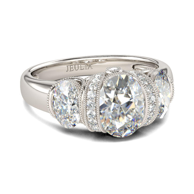 Jeulia Milgrain Three Stone Oval Cut Sterling Silver Ring