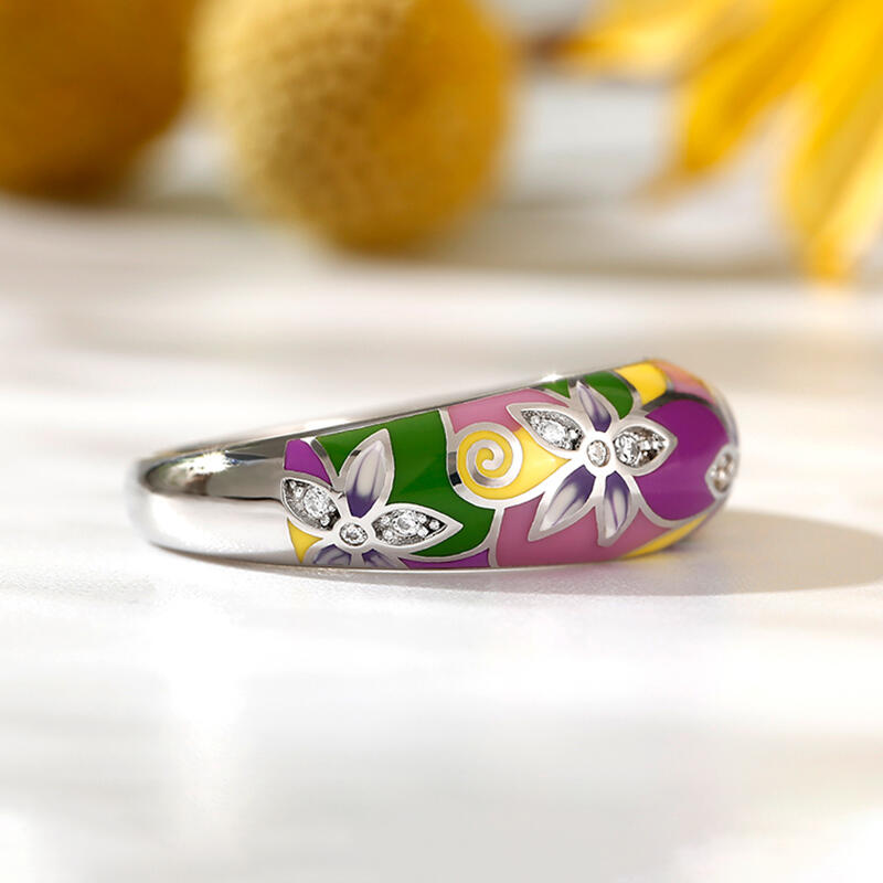 Jeulia "Charming Flower" Multicolored Enamel Sterling Silver Women's Band