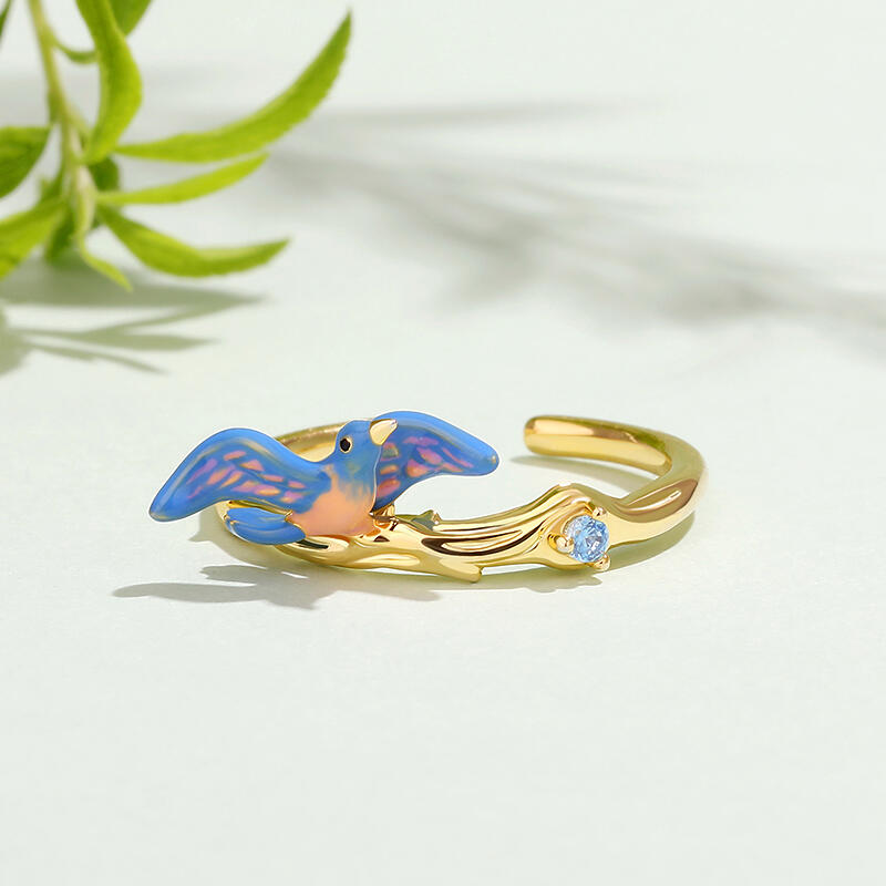 Jeulia Dreamy Garden Bird Design Enamel Adjustable Sterling Silver Ring