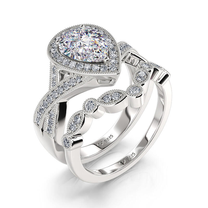 Jeulia Halo Pear Cut Sterling Silver Ring Set