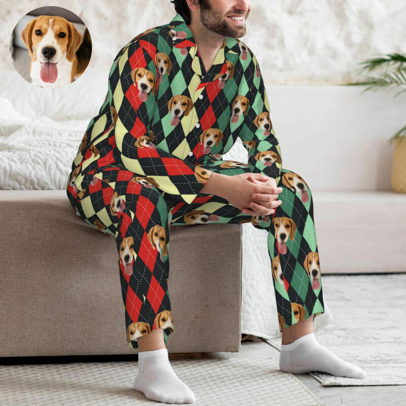 Gepersonaliseerde pyjama aangepast huisdier hoofd foto Argyle Patroon klassiek ontwerp prachtig cadeau voor familie