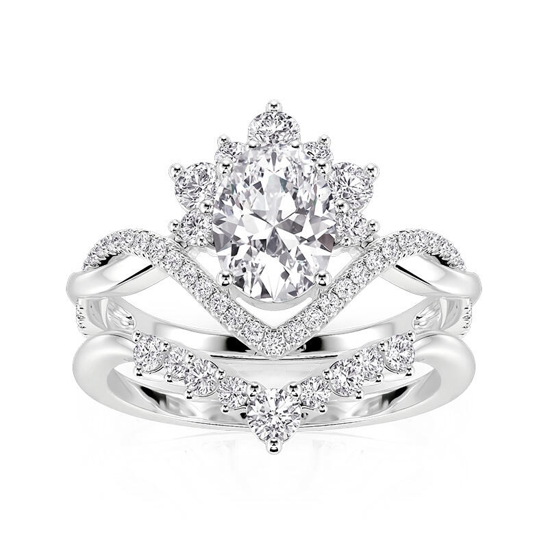 Jeulia Twisted Oval Halo Bridal Ring Set with Cluster Enhancer