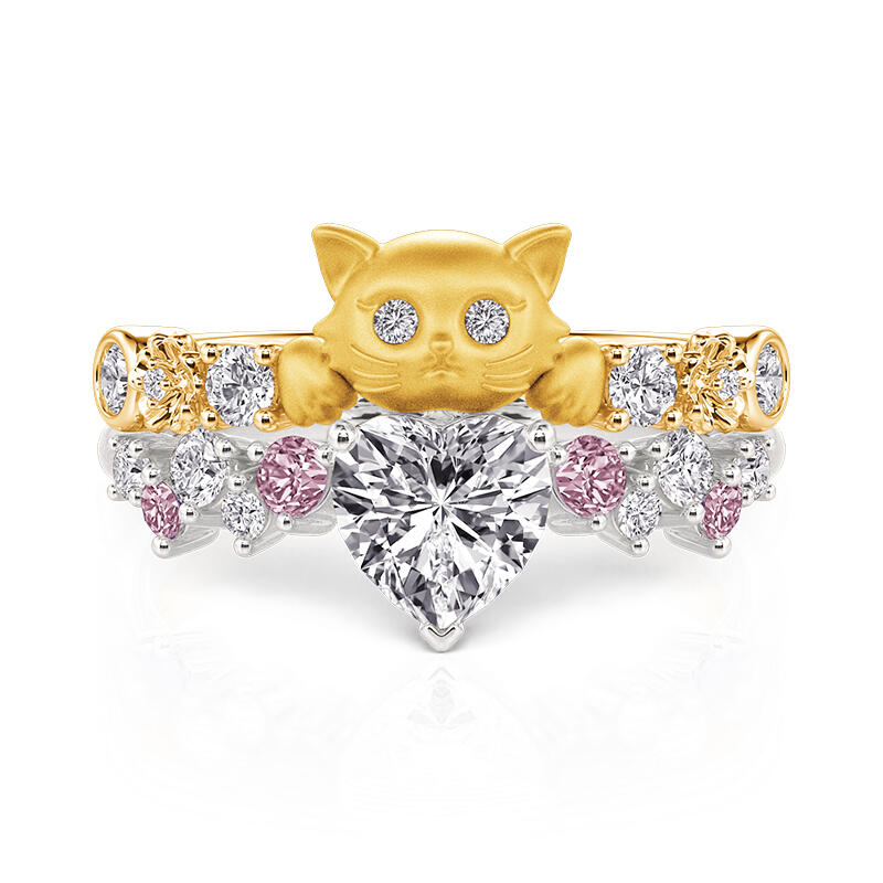 Jeulia Hug Me Juego de Anillos Corazón Gato Sakura Dos Piezas