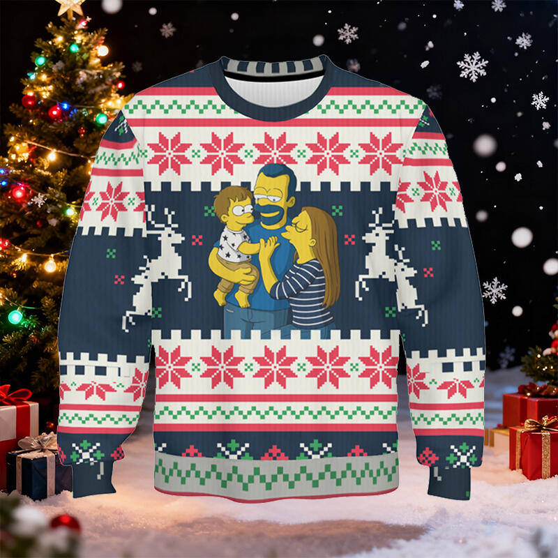 Pull moche personnalisé unisexe avec photo de famille design amusant de style cartoon cadeau de Noël idéal