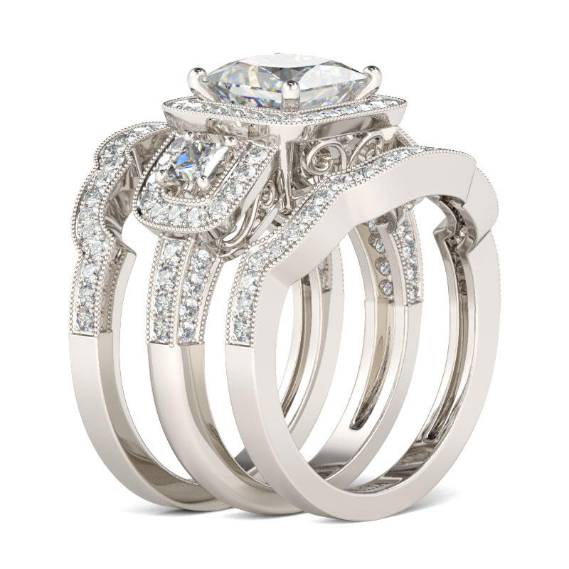 Jeulia Halo Princess Cut Sterling Silver Ring Set