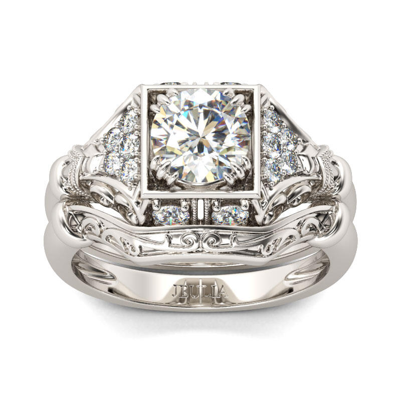 Jeulia Vintage Milgrain Round Cut Sterling Silver Ring Set