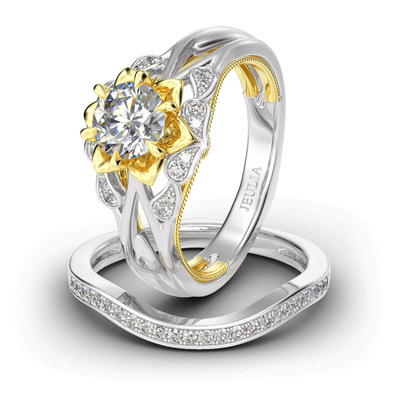 Jeulia Flower Round Cut Sterling Silver Ring Set