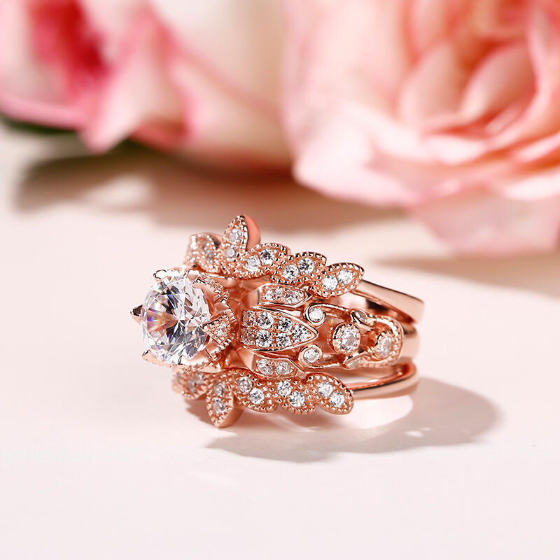 Jeulia Terno De Anillos De Plata De Ley Con Corte Redondo En Forma De Hoja