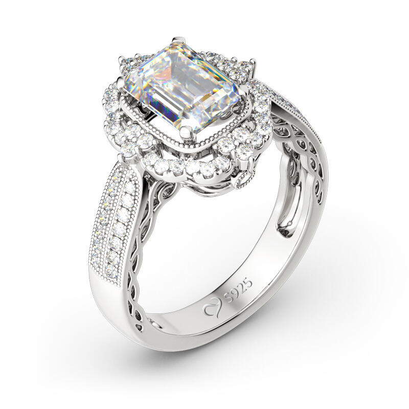 Jeulia Vintage Halo Emerald Cut Sterling Silver Ring