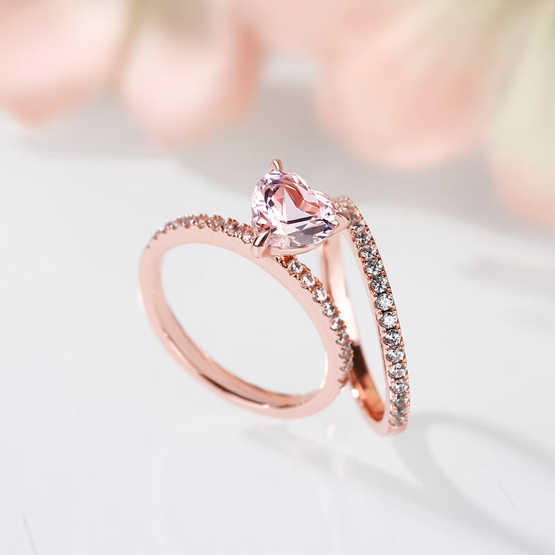 Jeulia Pink Heart Cut Synthetic Morganite Sterling Silver Ring Set