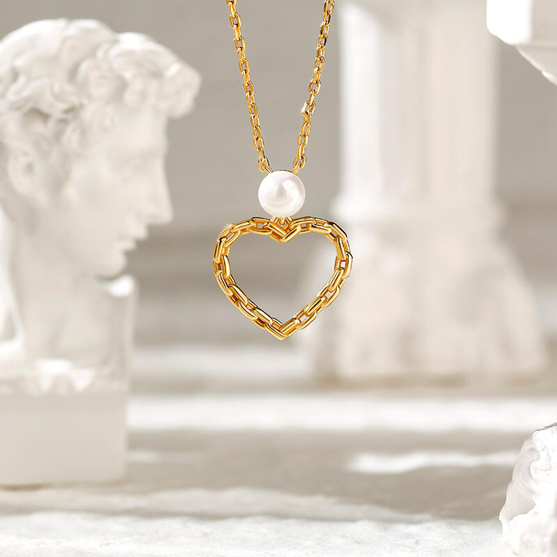 Jeulia "Sweet Chain Heart" Cultured Pearl Sterling Silver Necklace