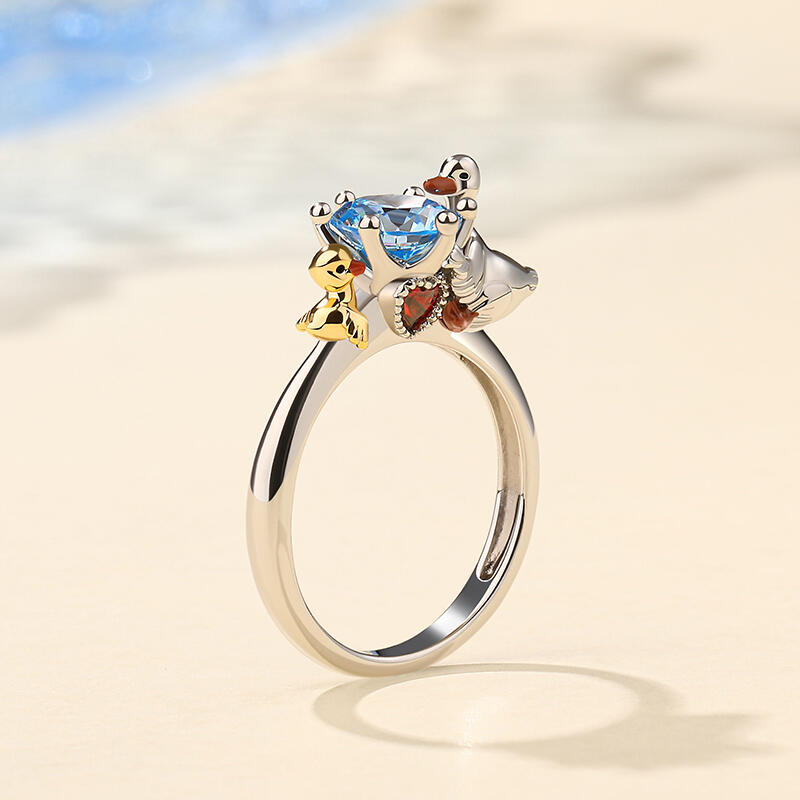 Jeulia Hug Me Anillo de plata de ley con forma redonda de pato mamá y bebé