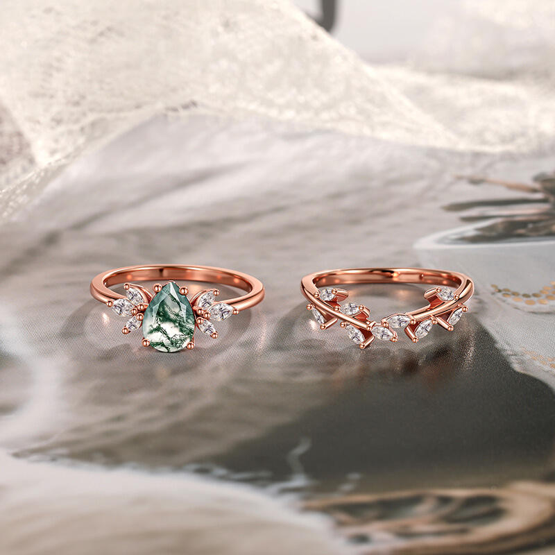 Jeulia Forest Deciduous Pear Cut Moss Agate Ring Set