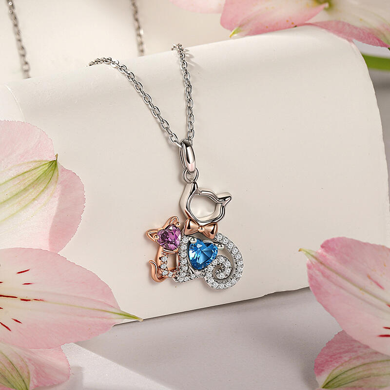 Jeulia Hug Me Custom 2 Birthstones Mother Child Cat Necklace