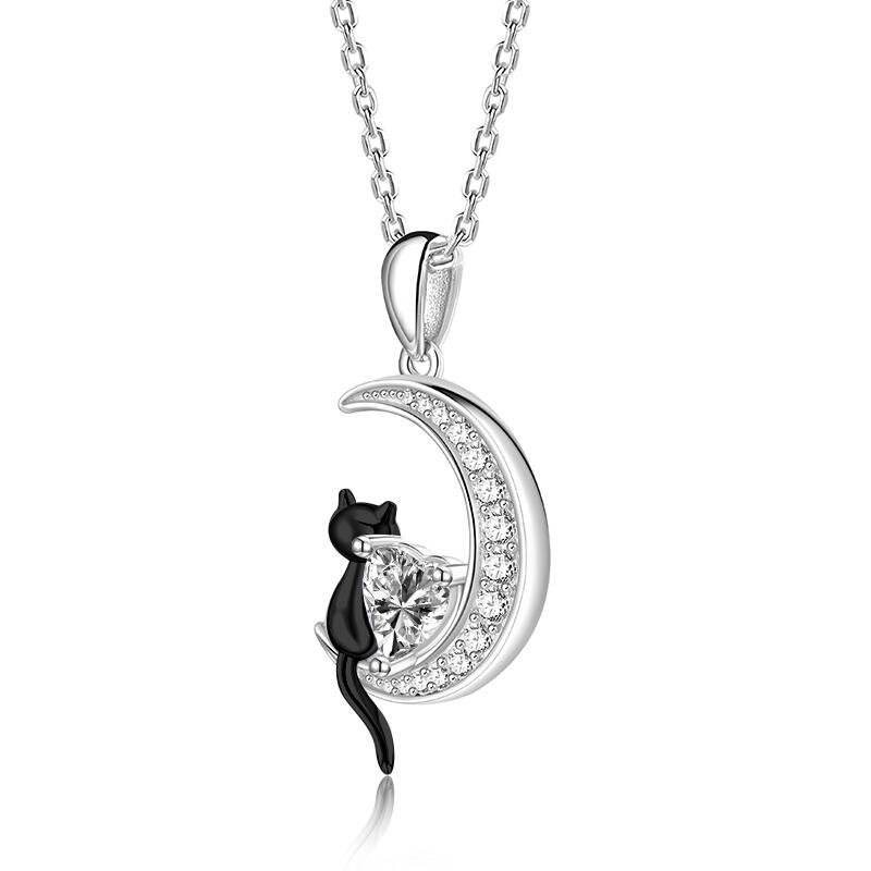 Jeulia Luna Astra Moissanite Heart Stone Black Cat Moon Necklace