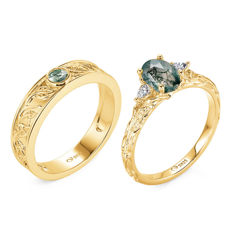 Jeulia Nature Inspired Moss Agate Gold Couple Rings Set