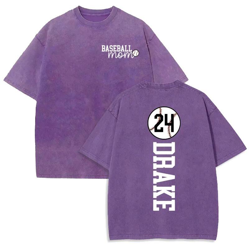 Personalized Washed T-shirt Baseball Mom with Kids Name Jersey Number Gift For Baseball Lovers