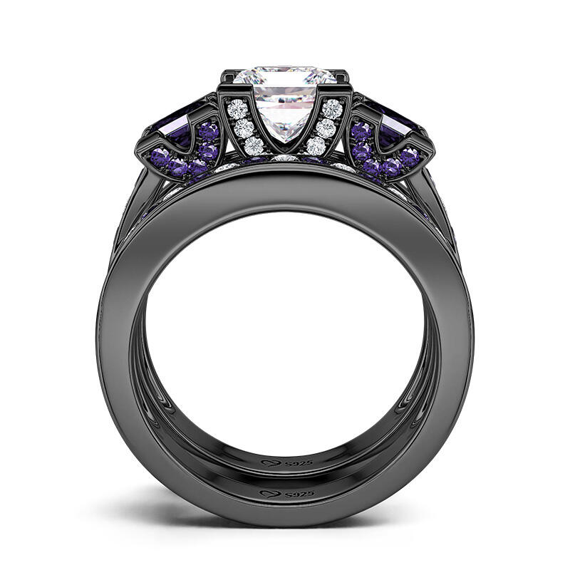 Jeulia Three Stone Princess Cut Sterling Silver Ring Set