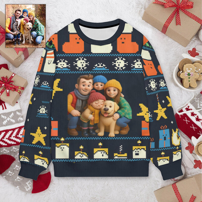 Suéter feo personalizado unisex con foto personalizada, diseño de dibujos animados lindos, regalo divertido de Navidad para la familia