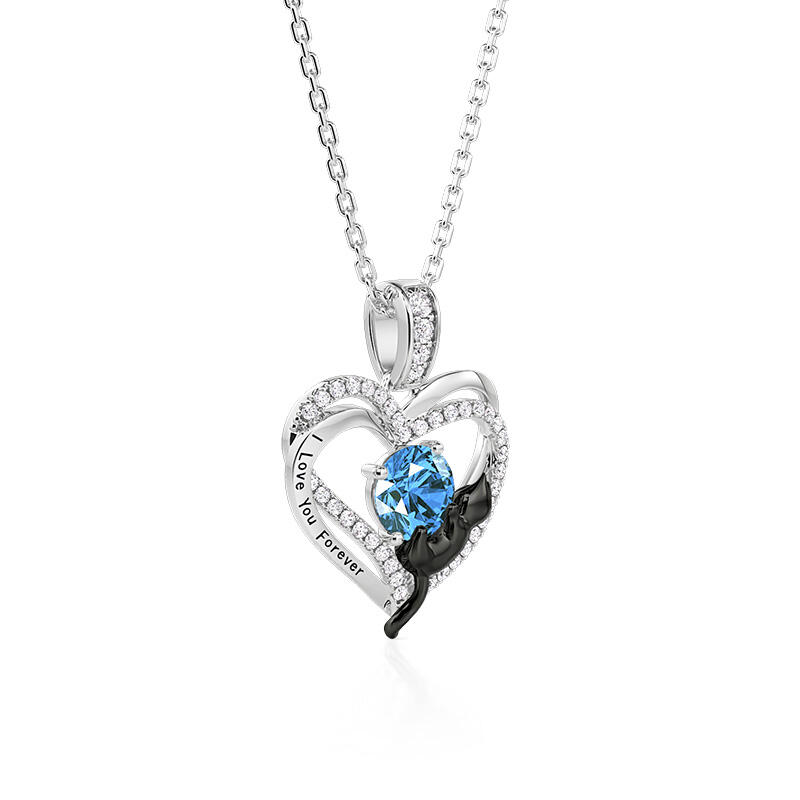 Jeulia Custom Black Cat Double Heart Necklace With Birthstone