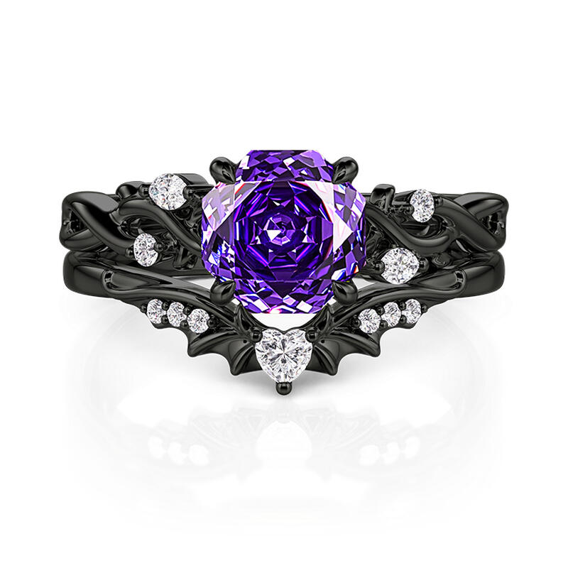 Jeulia Black Thorn Purple Rose Cut Ring Set Sterling Silver