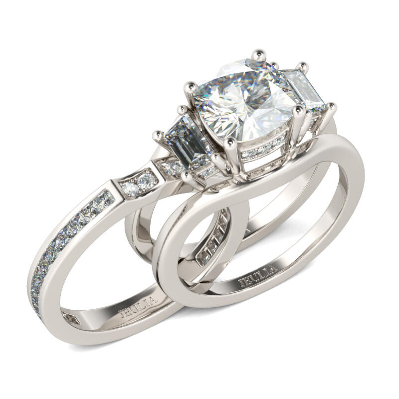 Jeulia Three Stone Cushion Cut Sterling Silver Ring Set