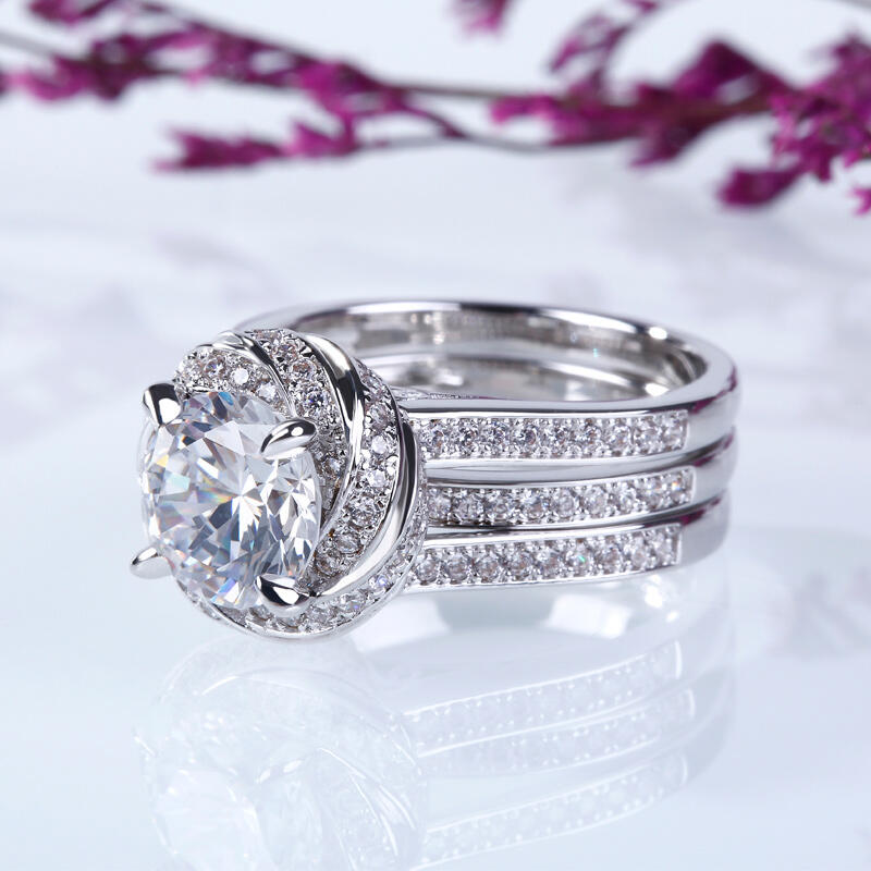 Jeulia Floral Halo Round Cut Interchangeable Sterling Silver Ring Set