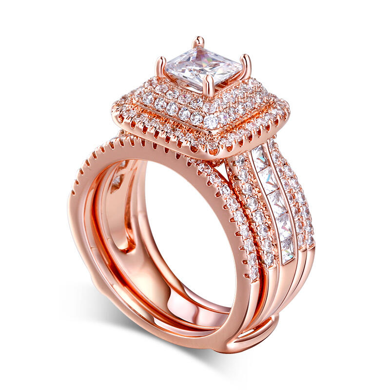 Jeulia Alianza mejorada de color rosa de corte cuadrado princesa de tres halos