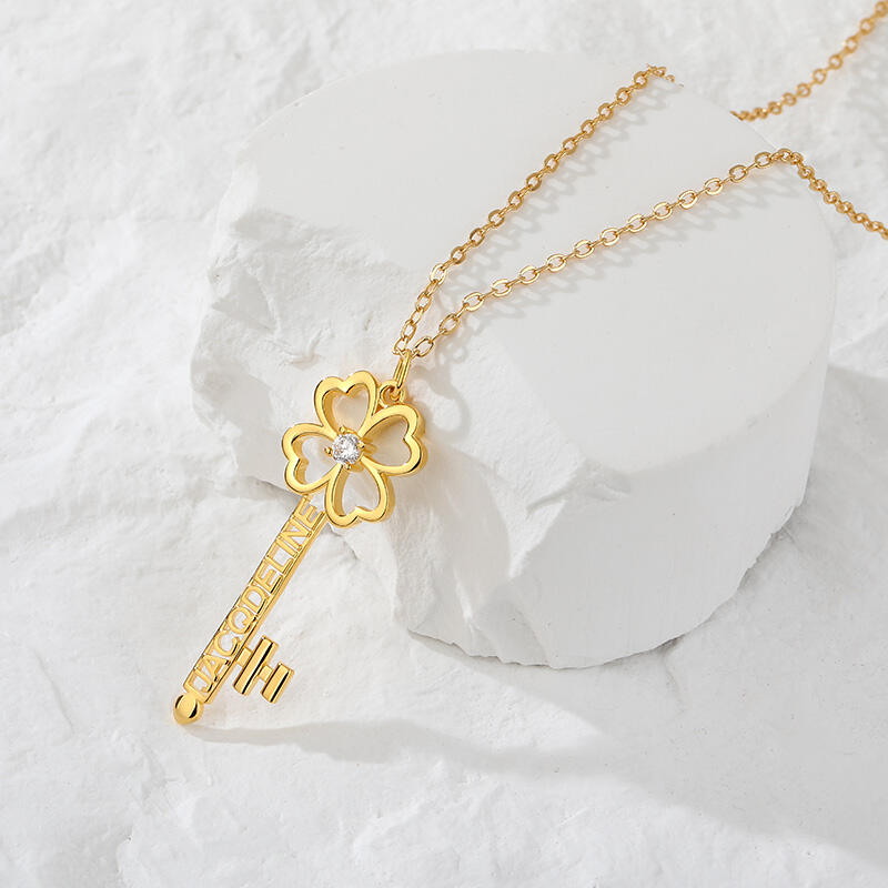 Jeulia Personalized Name Four Leaf Clover Key with Birthstones Sterling Silver Necklace