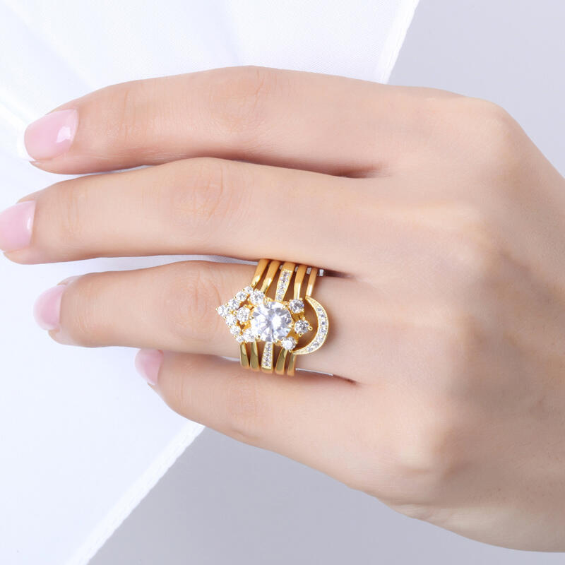 Jeulia Yellow Gold Tone 5PC Round Cut Sterling Silver Ring Set