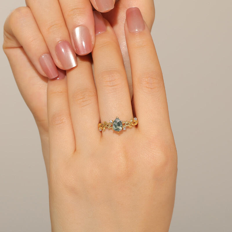 Jeulia Gold Pear Cut Moss Agate Engagement Ring with Vine Leaf
