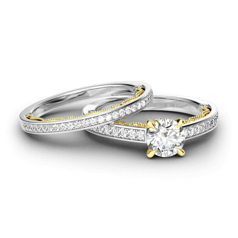 Jeulia Vintage Two Tone Scrollwork Round Cut Sterling Silver Ring Set