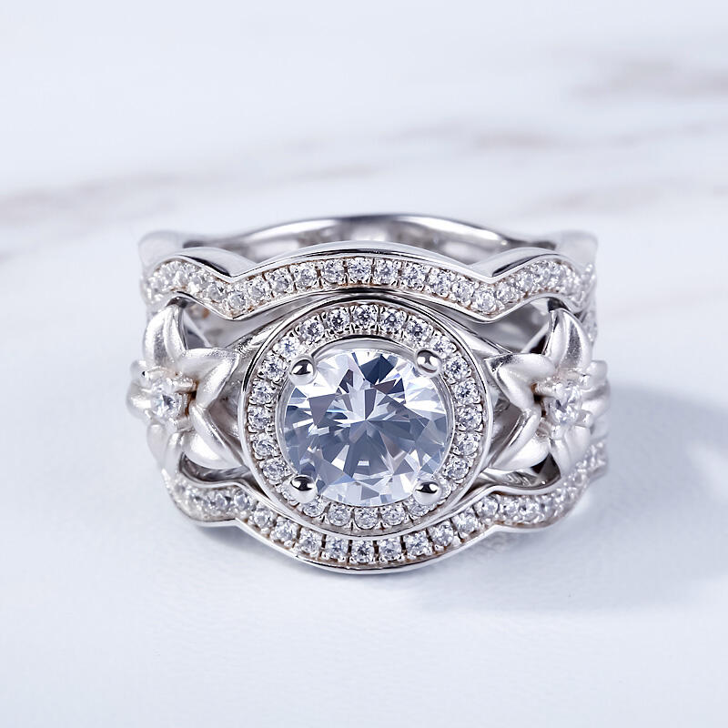 Jeulia Terno de anéis florais de corte redondo em prata de lei