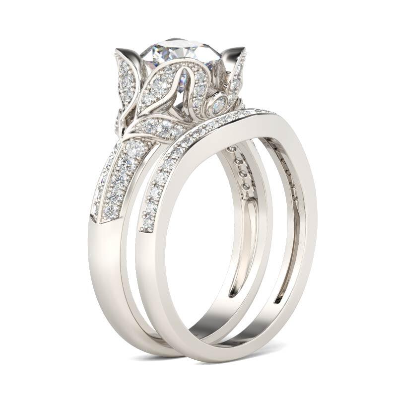 Jeulia Tulip Design Round Cut Sterling Silver Ring Set